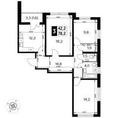 3 комн. кв., 78.2 м<sup>2</sup>, 12 этаж