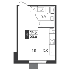 Студия, 22.9 м<sup>2</sup>, 16 этаж
