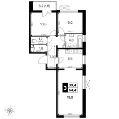 3 комн. кв., 64.4 м<sup>2</sup>, 7 этаж