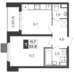 1 комн. кв., 32.9 м<sup>2</sup>, 2 этаж