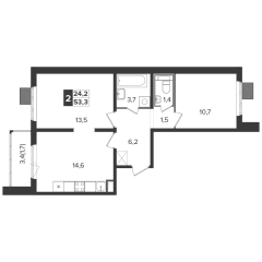 2 комн. кв., 52.9 м<sup>2</sup>, 9 этаж