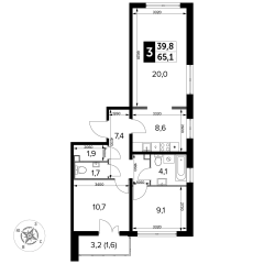 3 комн. кв., 65.1 м<sup>2</sup>, 12 этаж