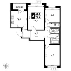 3 комн. кв., 77.9 м<sup>2</sup>, 16 этаж
