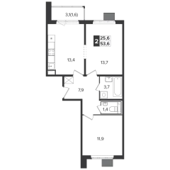 2 комн. кв., 53.4 м<sup>2</sup>, 22 этаж