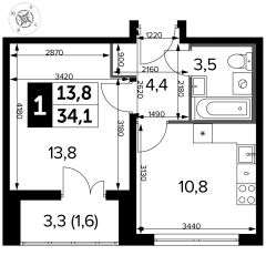 1 комн. кв., 34.1 м<sup>2</sup>, 15 этаж