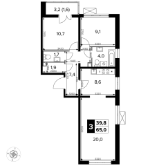 3 комн. кв., 65 м<sup>2</sup>, 17 этаж