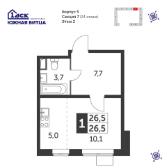 Студия, 25.9 м<sup>2</sup>, 2 этаж