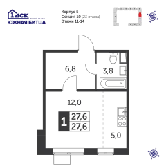 Студия, 27.2 м<sup>2</sup>, 12 этаж