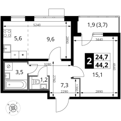 2 комн. кв., 44.2 м<sup>2</sup>, 16 этаж