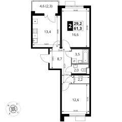 2 комн. кв., 61.3 м<sup>2</sup>, 13 этаж