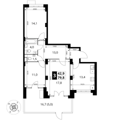 3 комн. кв., 79.8 м<sup>2</sup>, 1 этаж