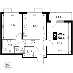 2 комн. кв., 58.4 м<sup>2</sup>, 3 этаж