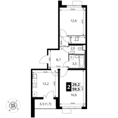 2 комн. кв., 59.5 м<sup>2</sup>, 13 этаж