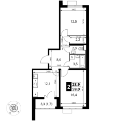 2 комн. кв., 59 м<sup>2</sup>, 2 этаж