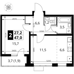 2 комн. кв., 47 м<sup>2</sup>, 2 этаж