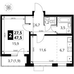 2 комн. кв., 47.5 м<sup>2</sup>, 13 этаж