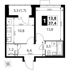 1 комн. кв., 37.4 м<sup>2</sup>, 5 этаж