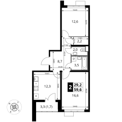 2 комн. кв., 59.6 м<sup>2</sup>, 22 этаж