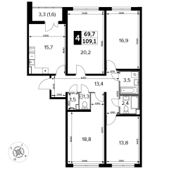 4 комн. кв., 109.1 м<sup>2</sup>, 14 этаж