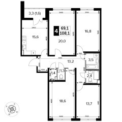 4 комн. кв., 108.1 м<sup>2</sup>, 9 этаж
