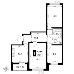 3 комн. кв., 76.1 м<sup>2</sup>, 16 этаж