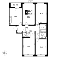 4 комн. кв., 108.9 м<sup>2</sup>, 12 этаж
