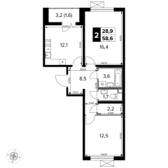 2 комн. кв., 58.6 м<sup>2</sup>, 2 этаж