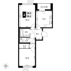2 комн. кв., 58.2 м<sup>2</sup>, 2 этаж
