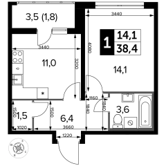 1 комн. кв., 38.4 м<sup>2</sup>, 20 этаж