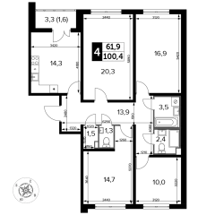 4 комн. кв., 100.4 м<sup>2</sup>, 12 этаж