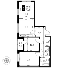 3 комн. кв., 70.1 м<sup>2</sup>, 12 этаж